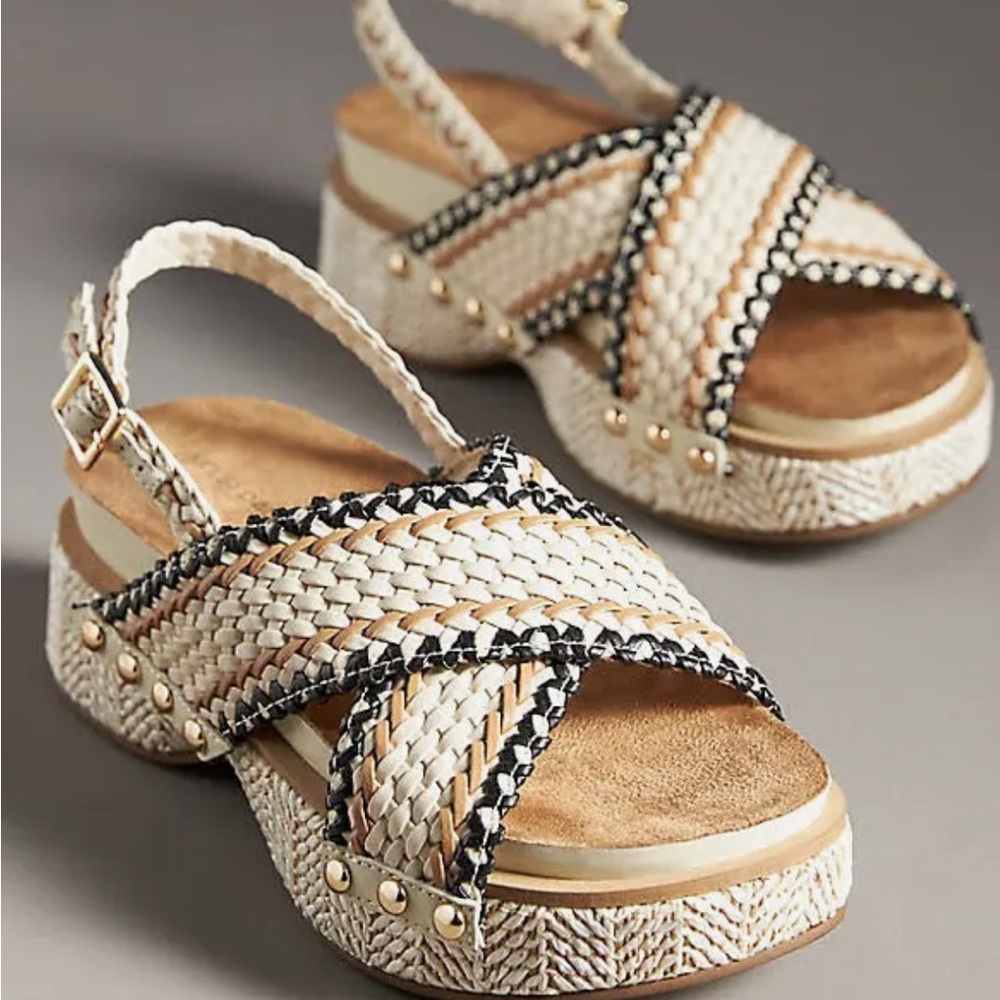 Kelsi Dagger Woven Sandals - Cream and Black Pace Raffia Anthropologie 8.5